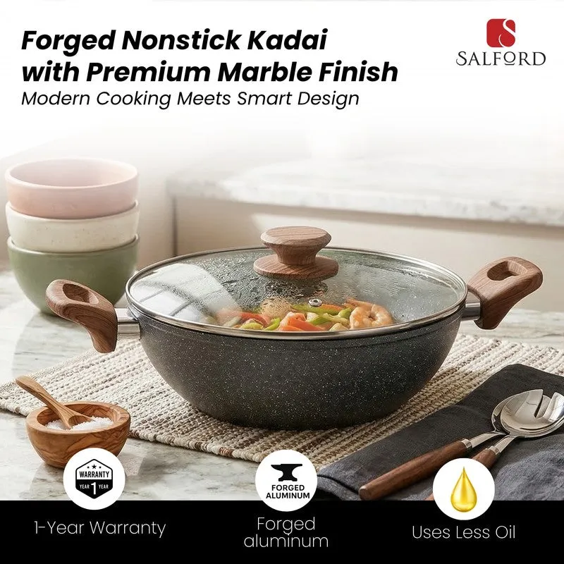 Salford Forged Non Stick Kadai with Glass Lid (Black Marble) -  3200 mL media 4