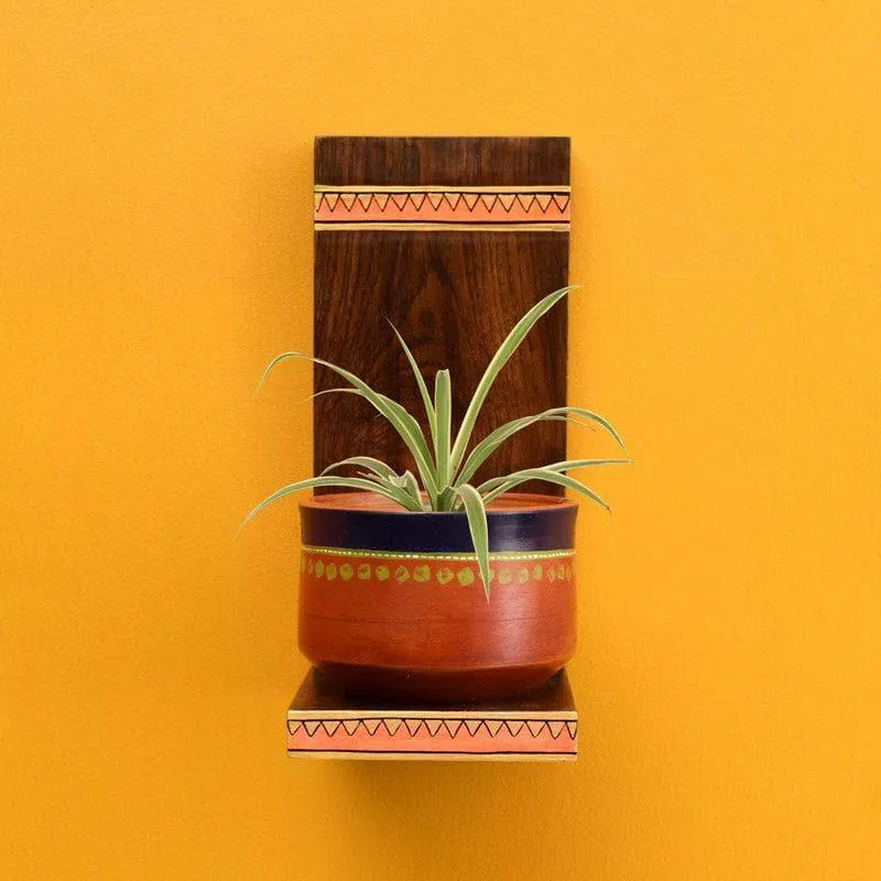Asoori Wooden Wall Shelf With Earthen Planter - Set Of Two media 1