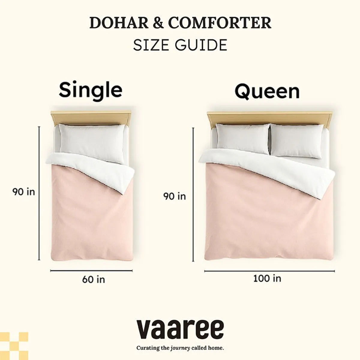 Illustrated size guide comparing Single and Queen dohar proportions.