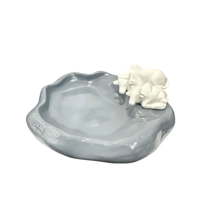 Sacred Cow and Calf Resin Urli - Grey & White media 3