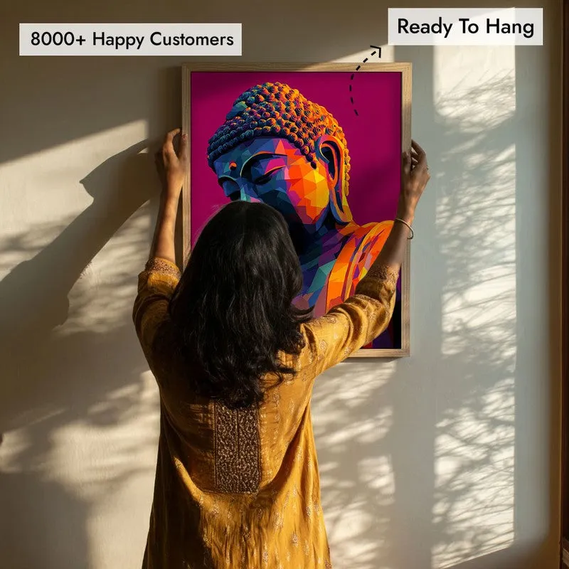 Prismatic Peace Buddha Archival Paper Wall Painting With Brown Frame media 7