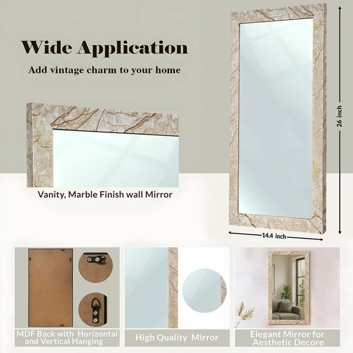 Beige marble-finish wall mirror shown in vertical and horizontal styling