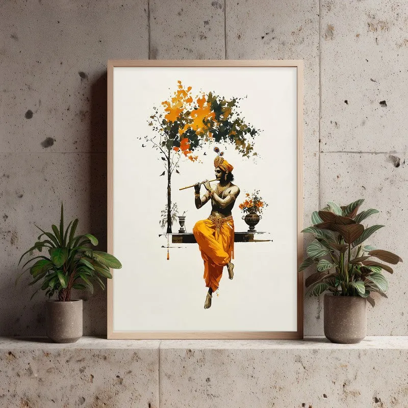 Lord Murari Krishna Blissful Archival Paper Wall Art - Natural Brown Frame media 4