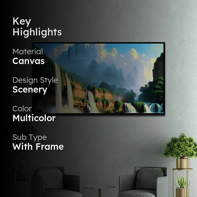 Waterfalls & Blue Skies Landscape Canvas Wall Painting With Frame - Black media 2