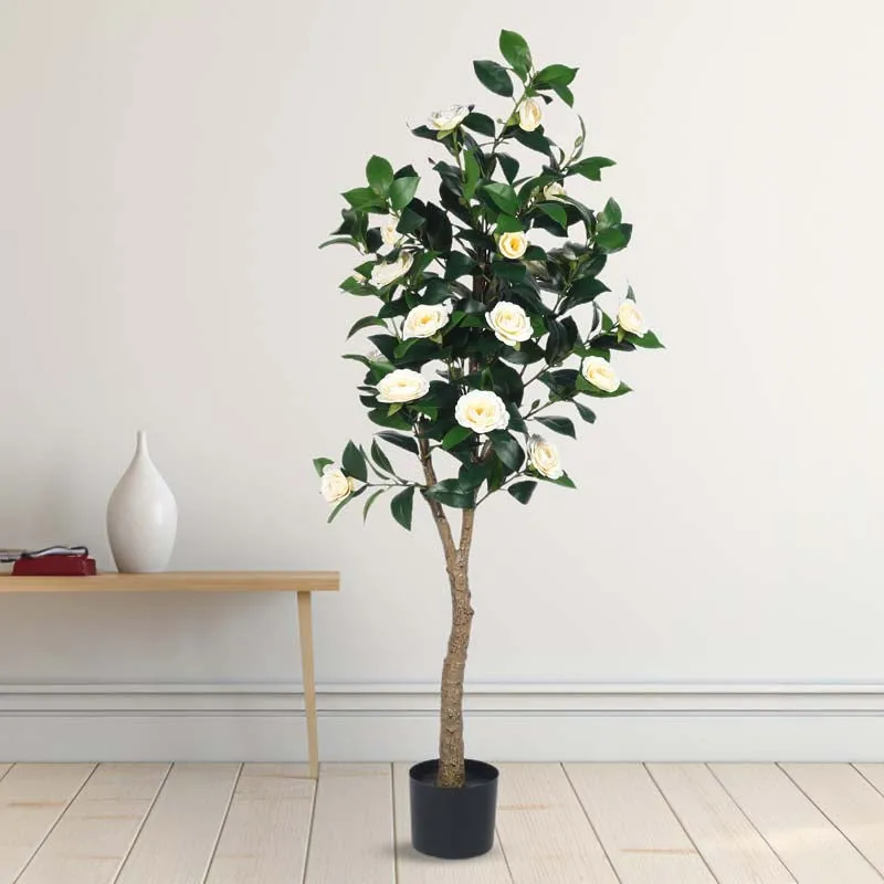 Faux Lush Mini Camellia Plant With Black Plastic Pot - White - 5 Feet media 3