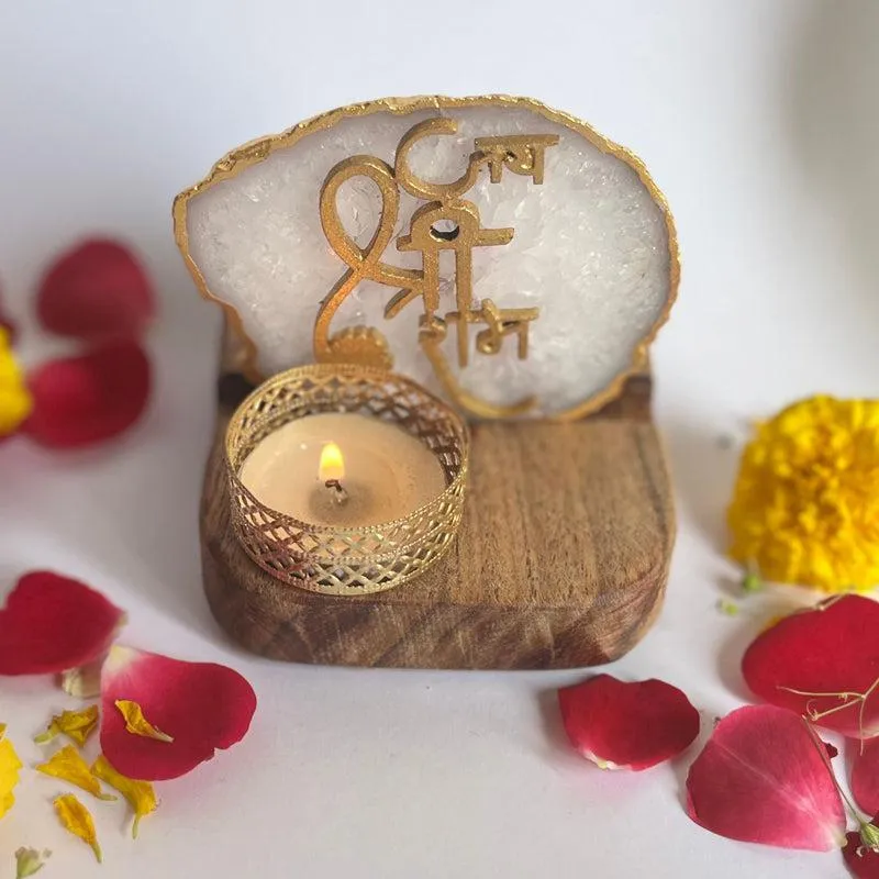 Jai Shri Ram Handcrafted Agate Religious Accent With Tealight Candle Holder - White media 4