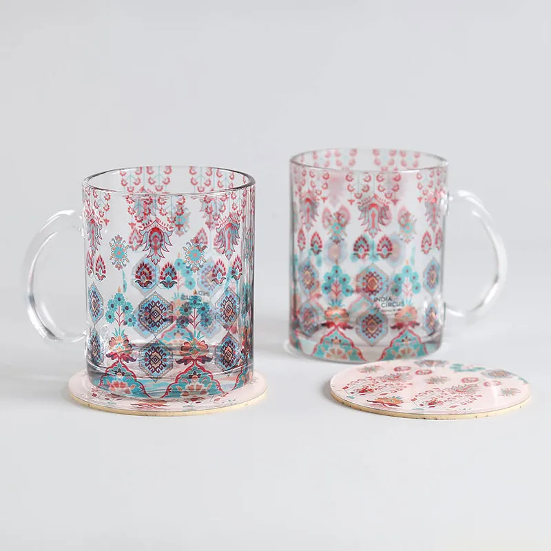 India Circus Petal Mist Glass Mug With Coaster (325 mL Each) - Four Piece Set media 3