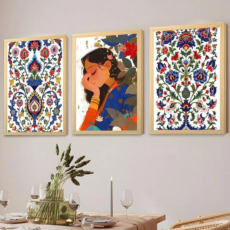 Gul Pari Mughal Paper Wall Art With Frame (Blue) - Set Of Three media 3