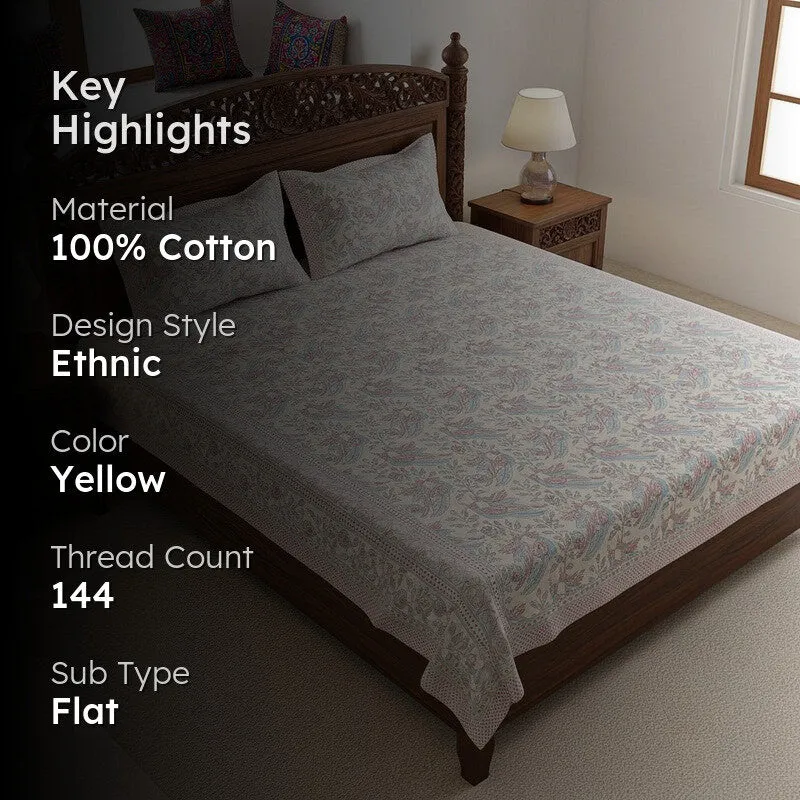 Irava Floral Cotton Bedsheet (Yellow) - 144 TC media 2