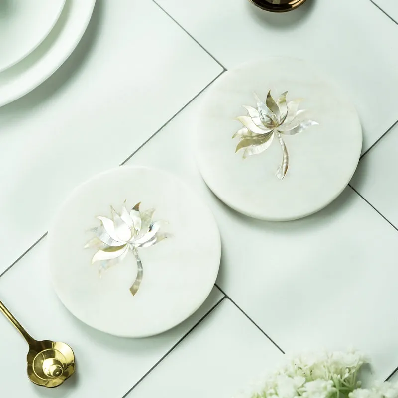 Lotus Marble Coaster With Mother Of Pearl Inlay (White) - Set Of Two media 1