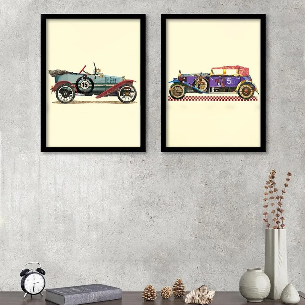 Two rectangular framed prints with colourful vehicle illustrations on a light background