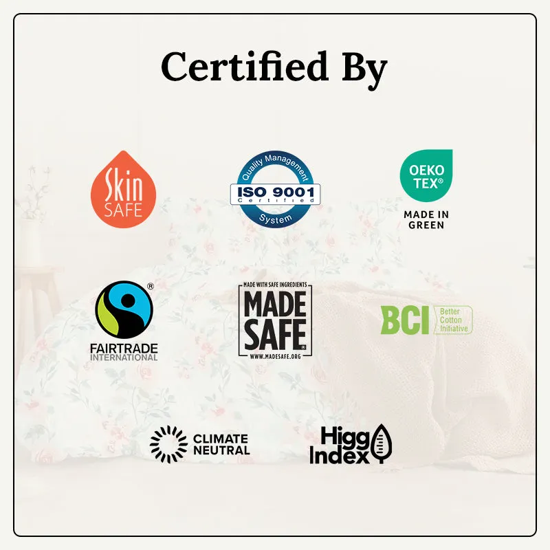 Certification graphic displayed over a bedding background