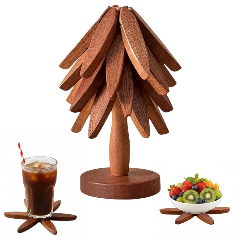 Tree Shaped Sheesham Wood Coasters with Stand - Four Piece Set media 3