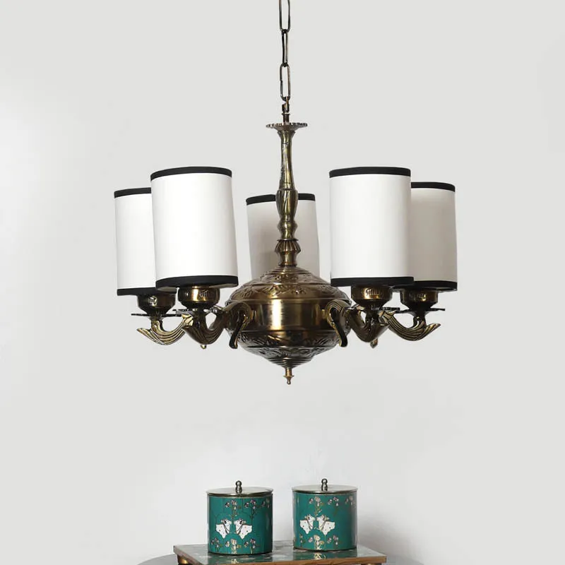 Antique gold chandelier ceiling lamp with five white cylindrical shades