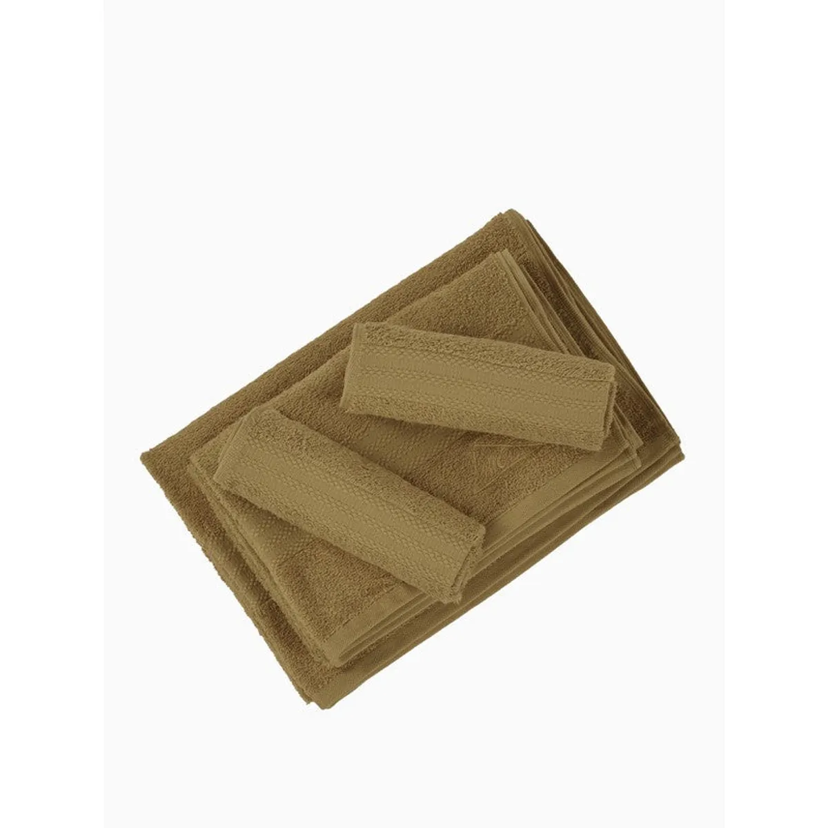 Olive green towel set folded and layered on a white background