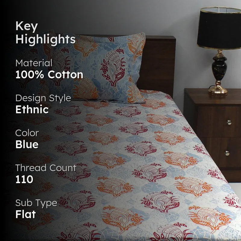 Wishi Ethnic Cotton Bedsheet (Blue) - 110 TC media 2