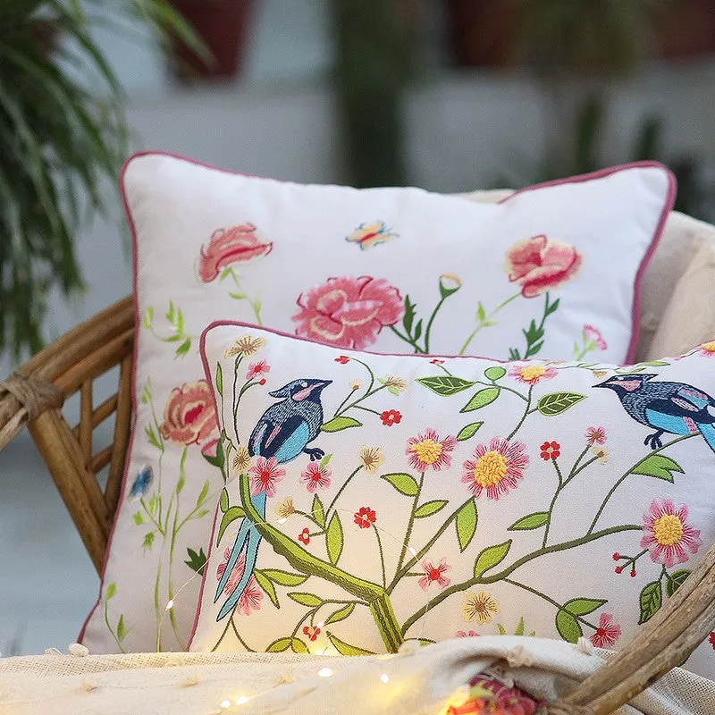 Bluebird Garden Embroidered Cotton Cushion Cover media 5