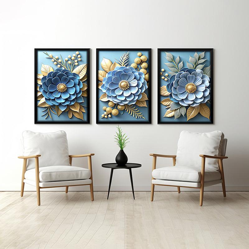 Cerulean Blooms Wall Art With Frame - Set Of Three