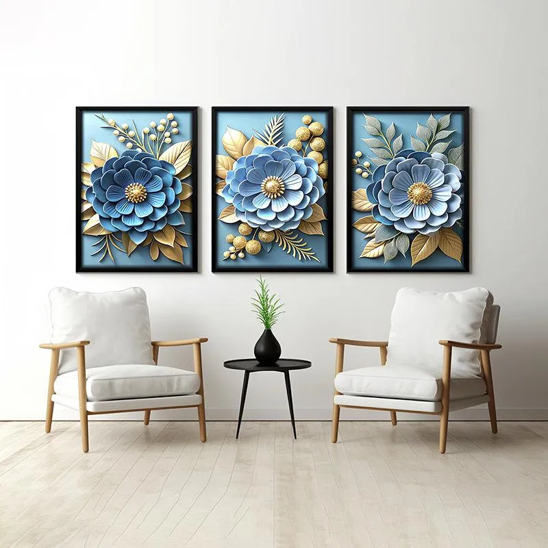 Cerulean Blooms Wall Art With Frame - Set Of Three media 1