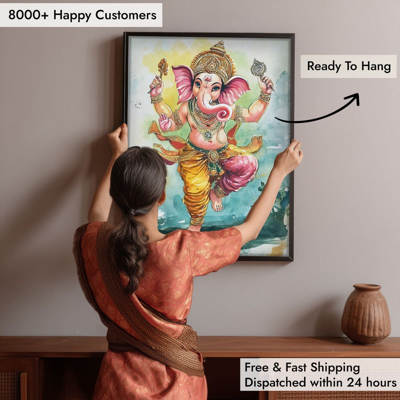 Nritya Ganesha Spiritual Archival Paper Wall Painting With Frame - Black media 7