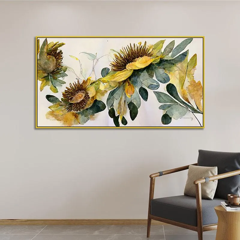 Ochre Autumn SunFlowers Floral Canvas Wall Painting With Frame - Gold media 1