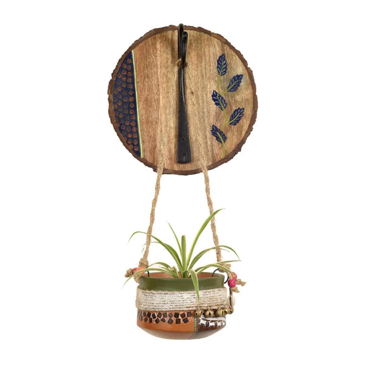 Front view of hanging planter with round wooden mount and painted blue leaves