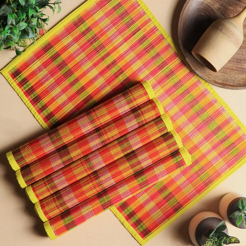 Chequered Zen Bamboo Table Mat (Yellow) - Set Of Six media 1