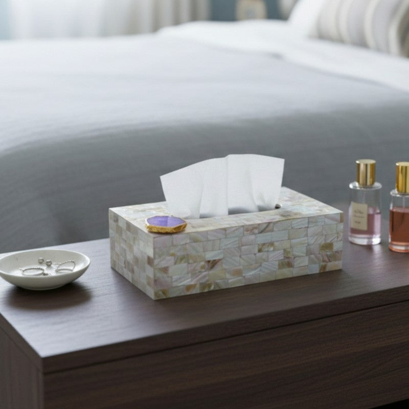 Suzzaine Handcrafted Mother Of Pearl & Agate Tissue Box - White & Beige media 7