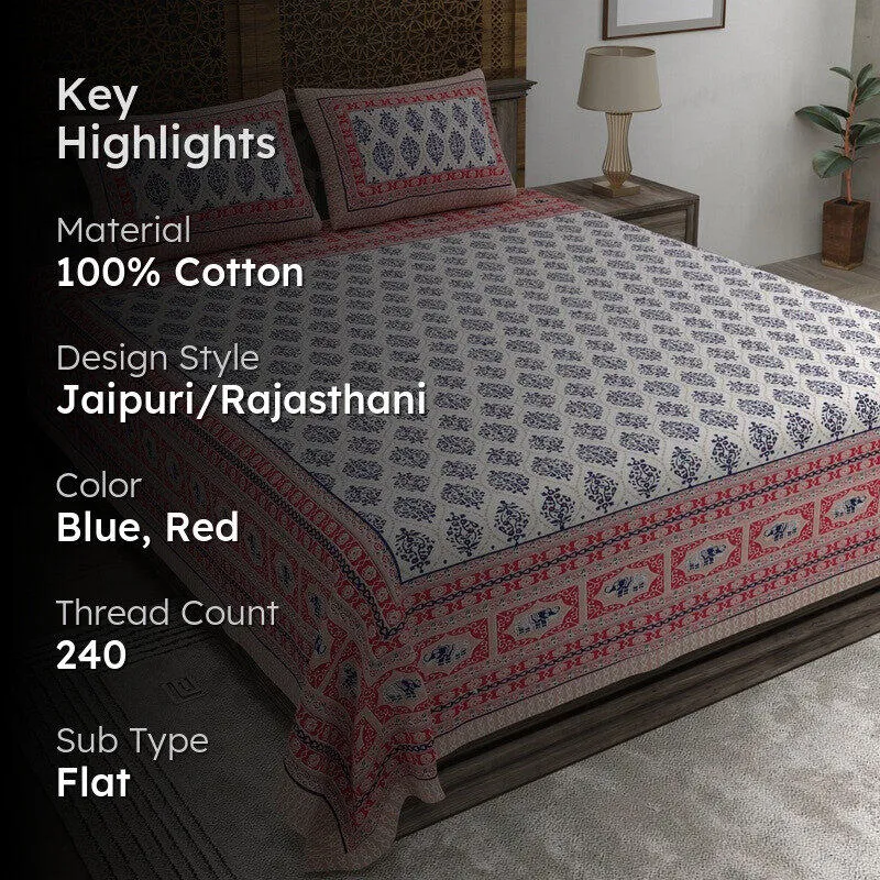 Gardenet Cotton Bedsheet (Blue,Red) - 240 TC media 2