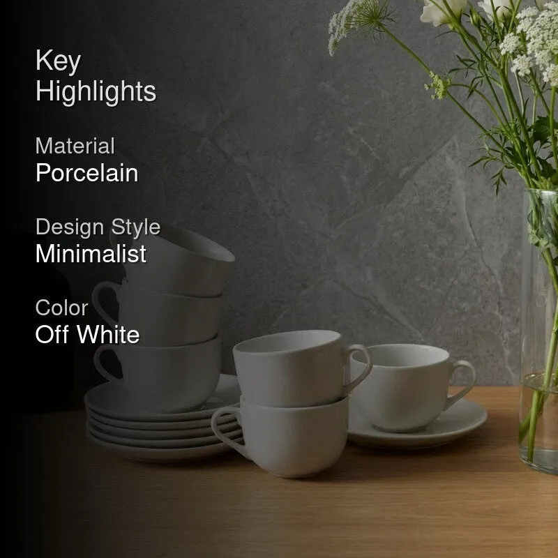 MorningSip Porcelain Cup & Saucer (Off White/240 mL Each) - Set of Six - 2