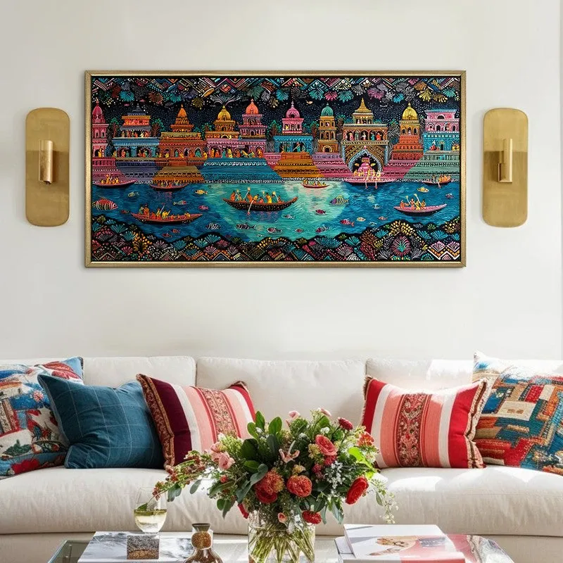 Joyous Boats of Banaras Folk Wall Art media 3