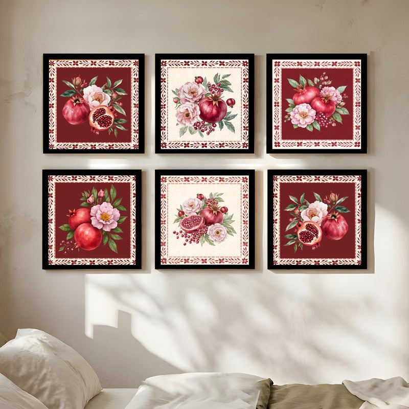 Garnet Dreams Paper Wall Paintings With Frame - Set Of Six