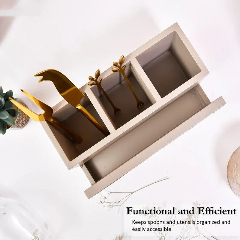 Beige Handcrafted Wooden Cutlery Stand - 3