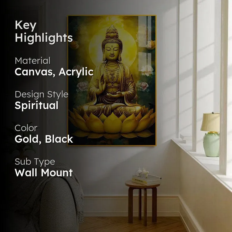 Kamalasana Buddha Spiritual Canvas Wall Art With Frame - Gold media 2