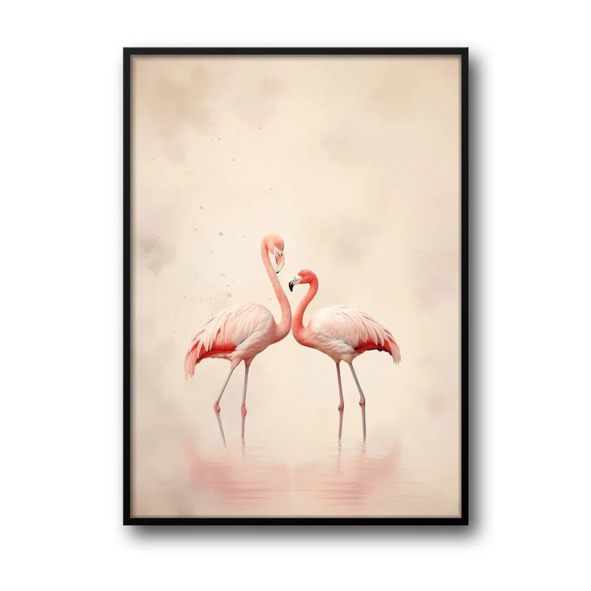 Front view of black-framed flamingo wall art on a light background