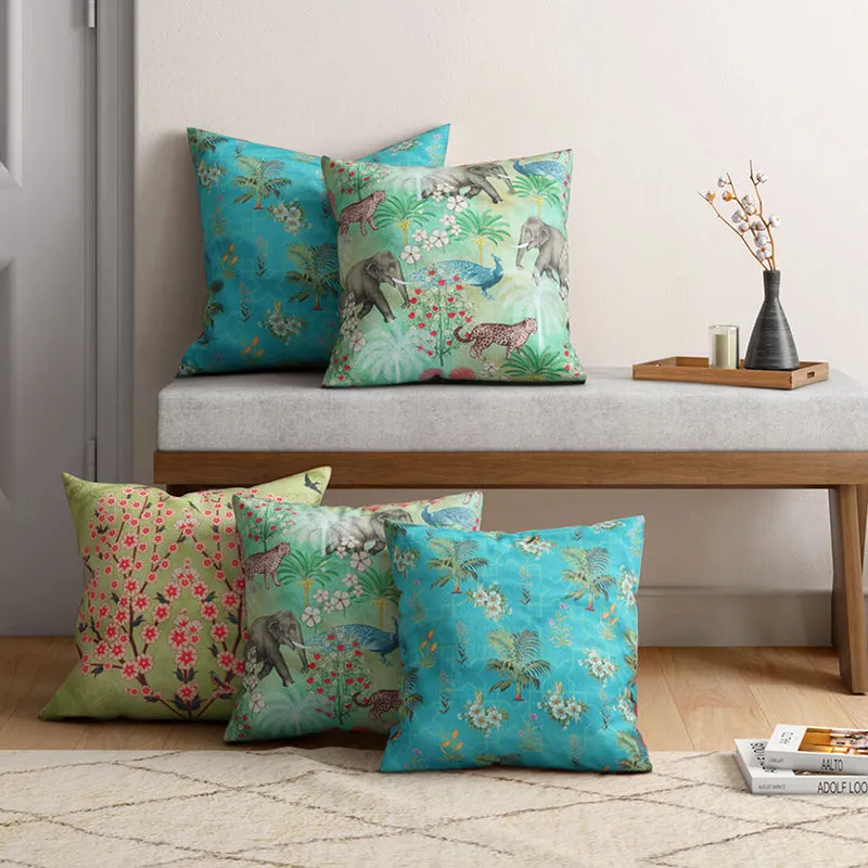 India Circus Rainforest Retreat Printed Velvet Cushion Cover - Set Of Five media 3