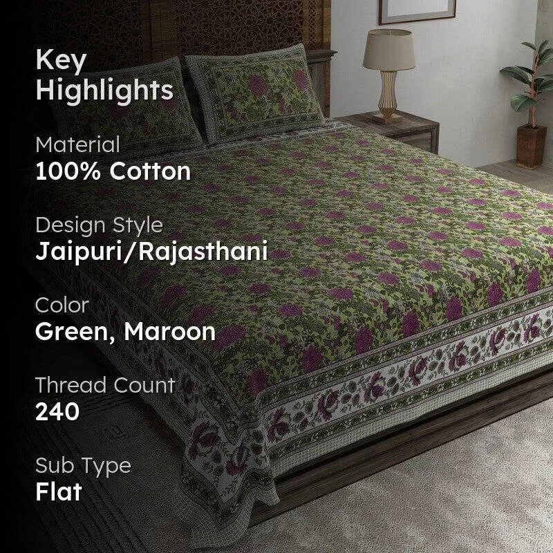 Florael Cotton Bedsheet (Green,Maroon) - 240 TC media 2