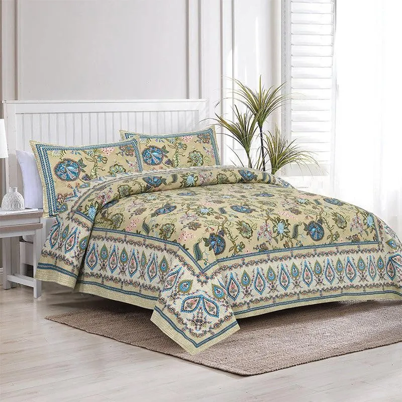 Tribhuna Printed Cotton Bedsheet (Yellow,Blue) - 160 TC media 1
