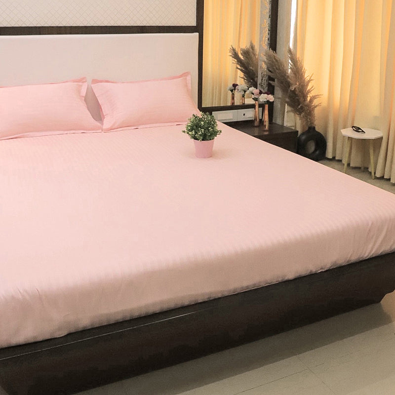 Le Coton Striped Solid Cotton Bedsheet (Pastel Pink) - 250 TC media 3