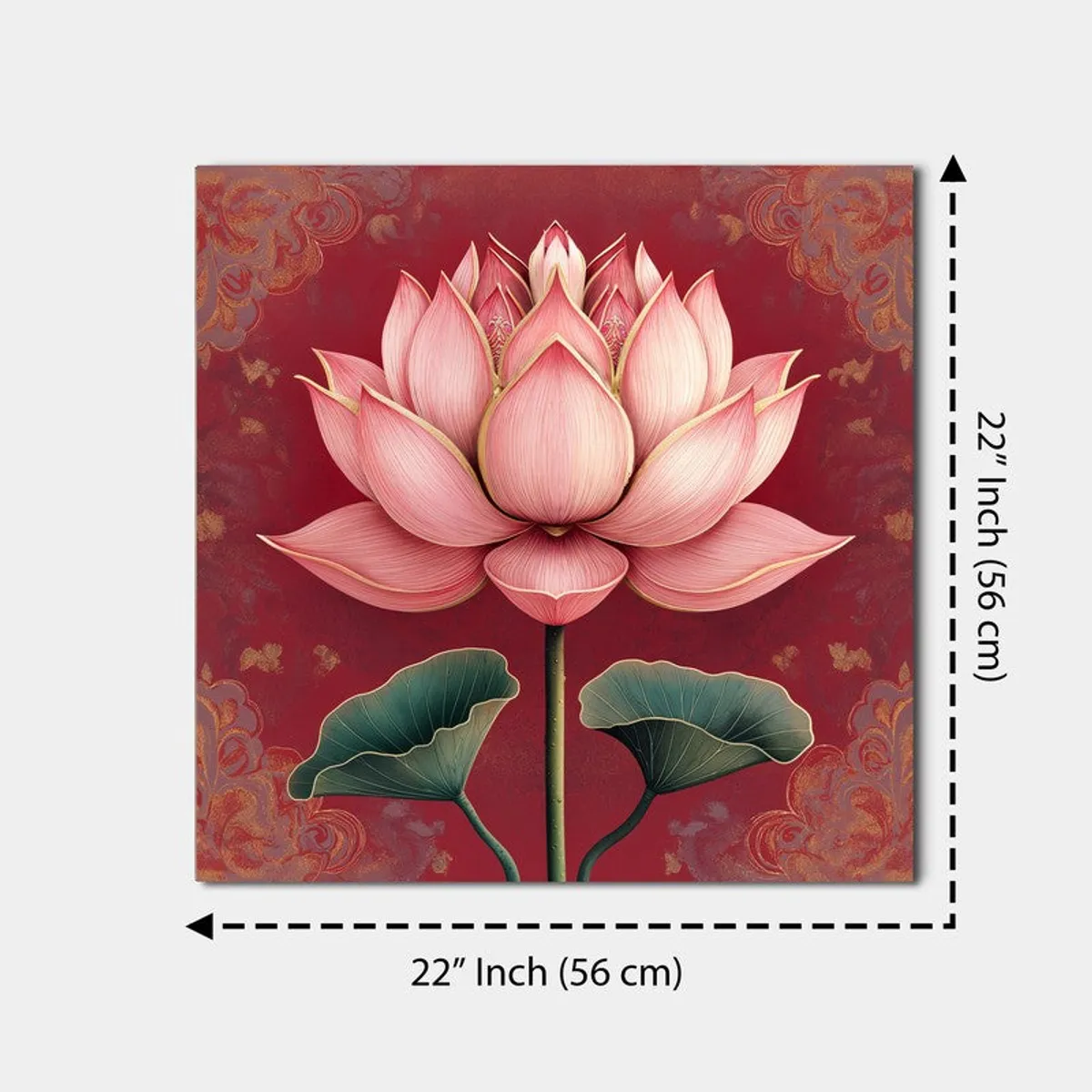 Front view of square lotus painting with size arrows shown