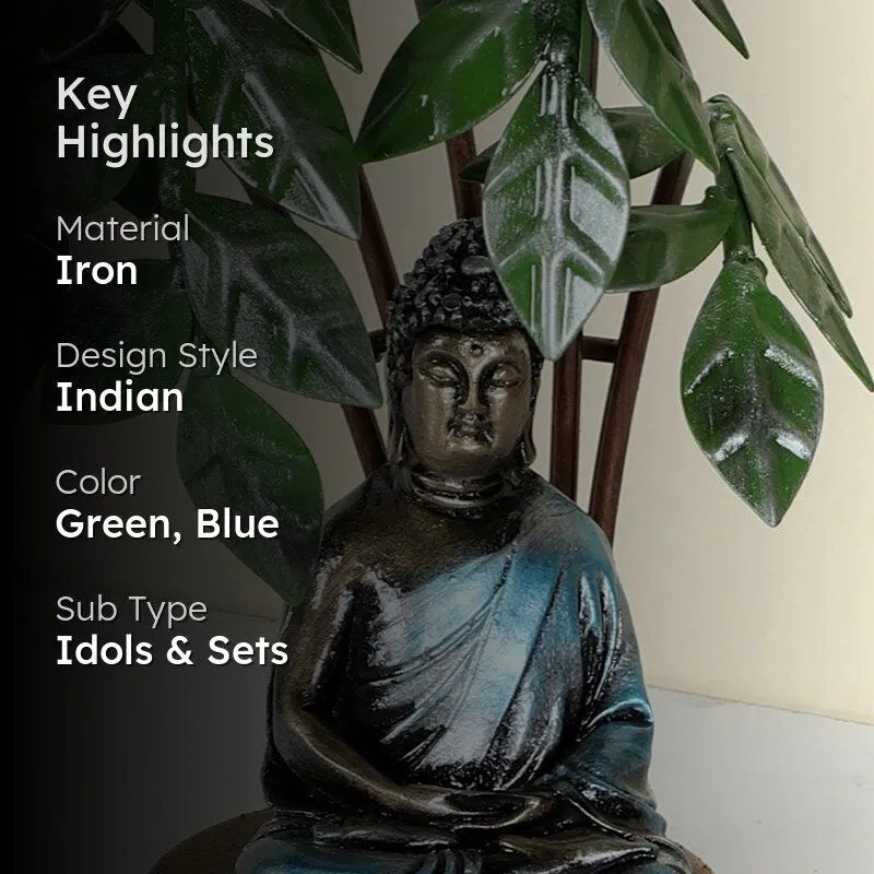 Close-up product graphic of Buddha and Bodhi tree showpiece with text overlay