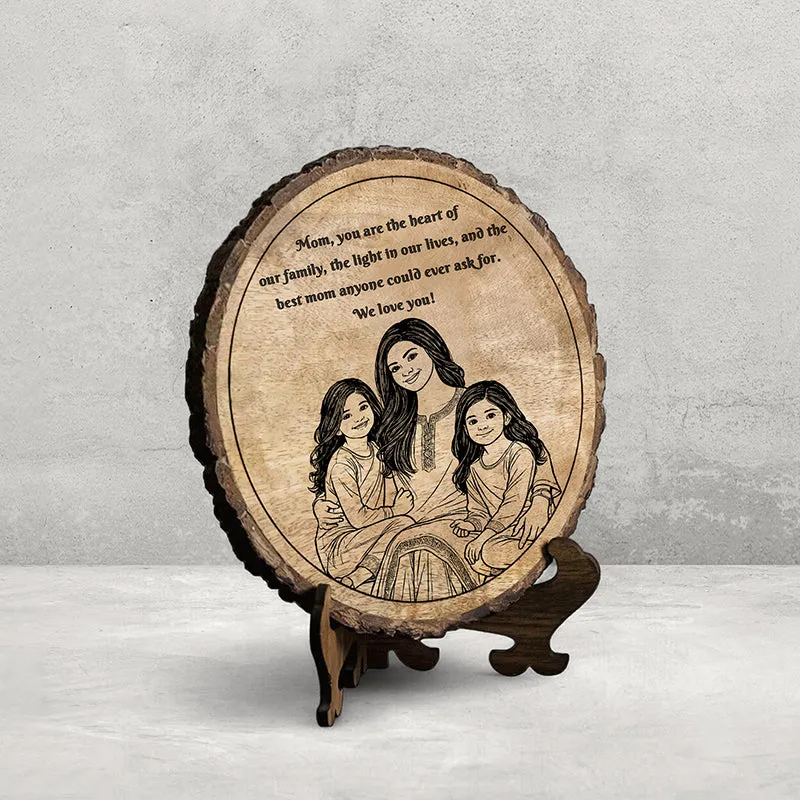 Round brown wood showpiece with family illustration displayed on a tabletop stand