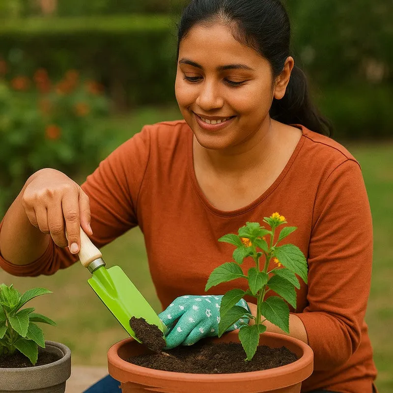 Gardener using the green trowel to place soil around a plant in a terracotta pot.