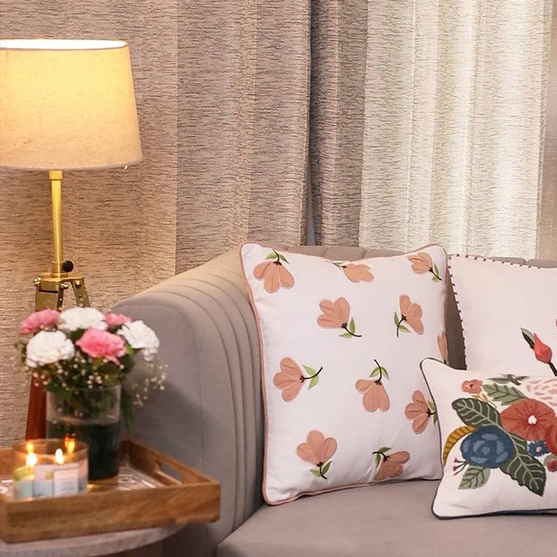 Coral Starflower Embroidered Cotton Cushion Cover media 4