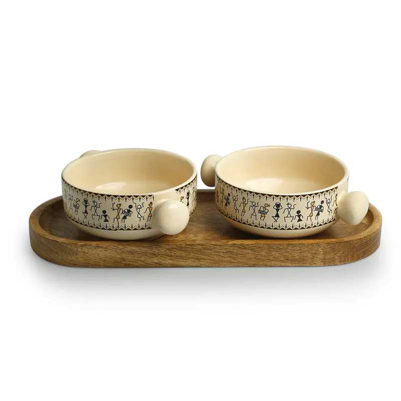 Warli Whirls Handcrafted Ceramic Bowl with Tray (400 ML) - Three Piece Set media 3