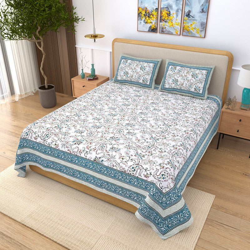 Weavon Floral Cotton Bedsheet (Blue & White) - 240 TC media 3