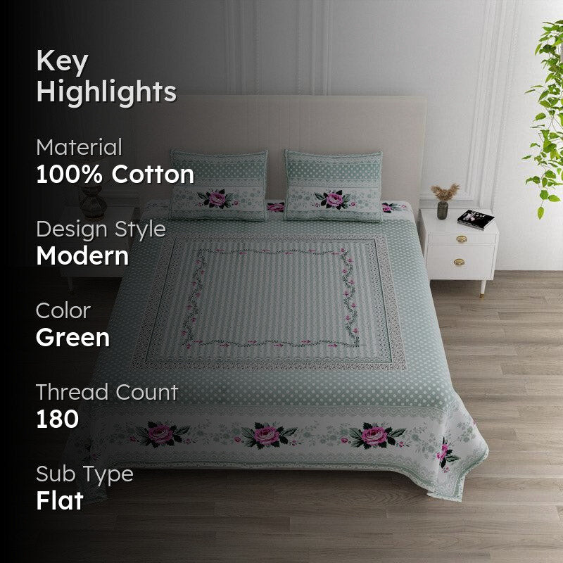 Kellan Floral Cotton Bedsheet (Green) - 180 TC media 2