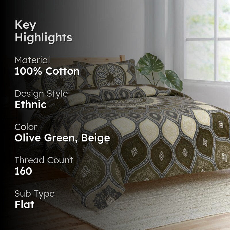 Mayuri Ethnic Cotton Bedsheet (Olive) - 160 TC media 2