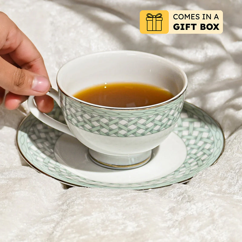 Valera 24k Gold Brushed Porcelain Tea Cup & Saucer (280 mL) - Set of Six