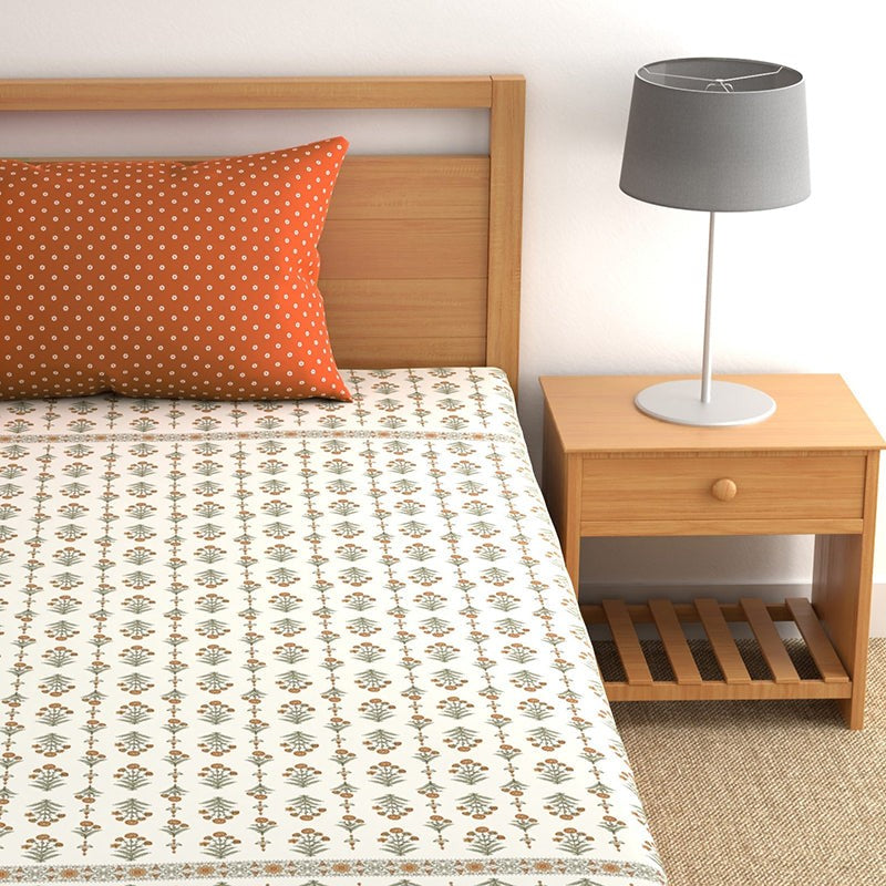 Flowers Of Jaipur Floral Microfiber Microfiber Bedsheet (Green & Orange) - 150 GSM media 5